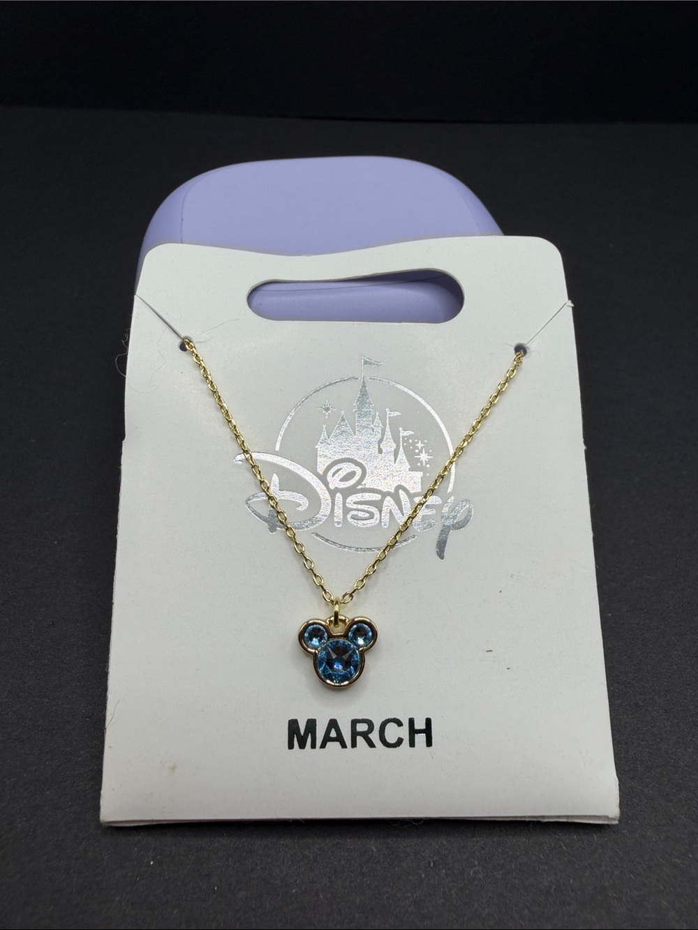 Disney March Birthstone Gold-Tone Mickey Pendant Necklace - Blue. NWT